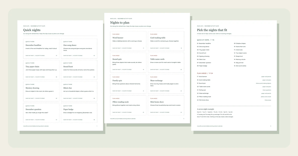 Three actual pages from the download: quick activity slips, planned activity slips, and the one-page chooser.