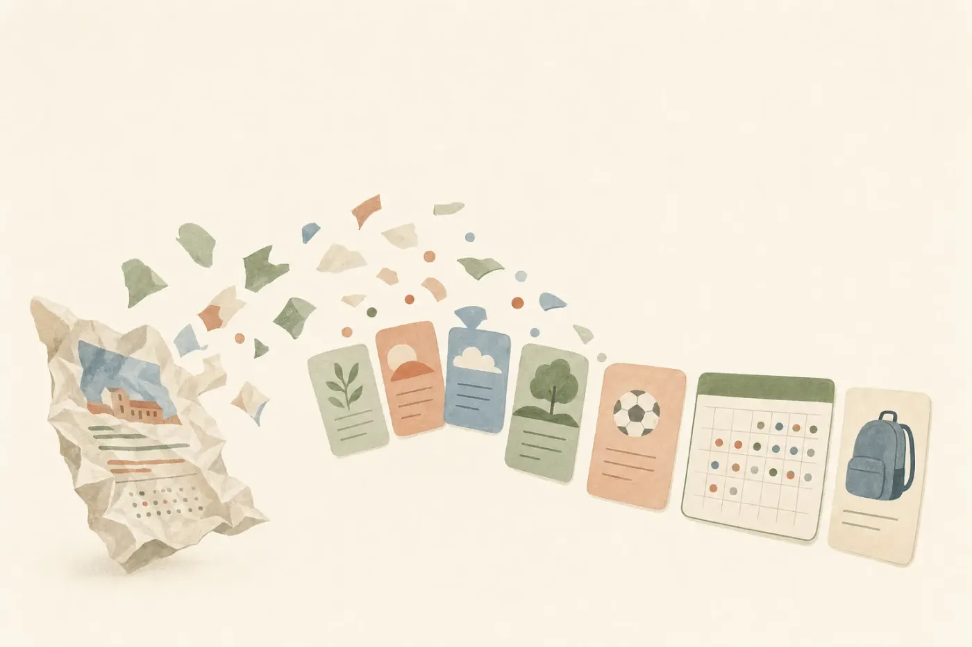 A painted school flyer becoming a tidy set of calendar cards and plan details
