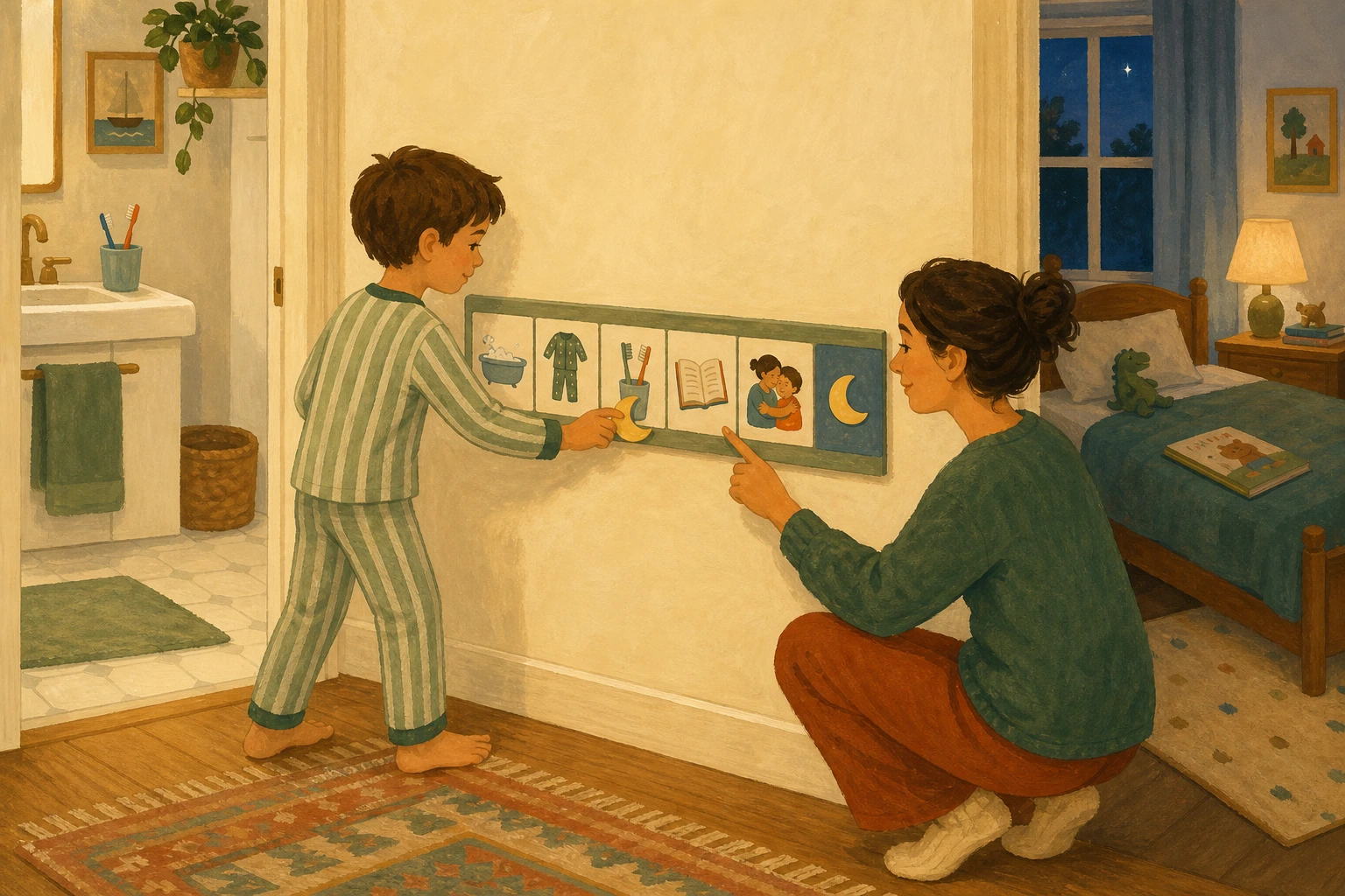 A child moves a moon marker along a six-picture bedtime routine between the bathroom and bedroom while a parent points to the next card.