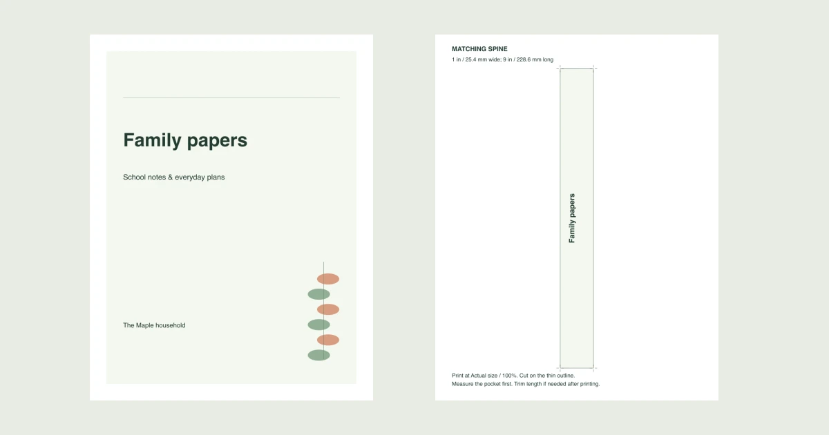 Actual sample front cover reading Family papers beside its separate one-inch matching spine sheet.