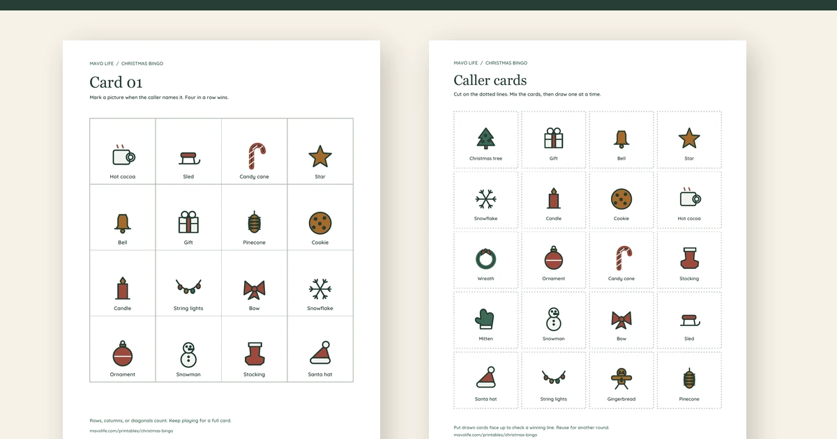 The actual Christmas bingo Card 01 and its matching caller sheet shown side by side.