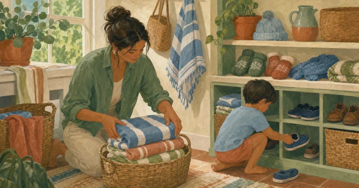 An adult folds beach towels onto a laundry-room shelf while a child returns a loose shoe to a cubby nearby.