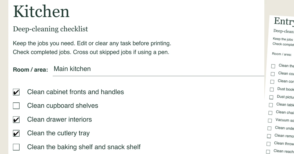 A close view of the actual kitchen checklist with fictional completed checks, beside the edge of another room sheet.