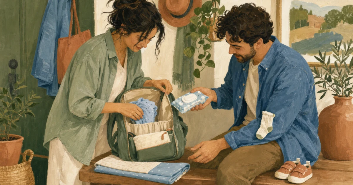 Two adults reset an open diaper bag together on a bright entryway bench.