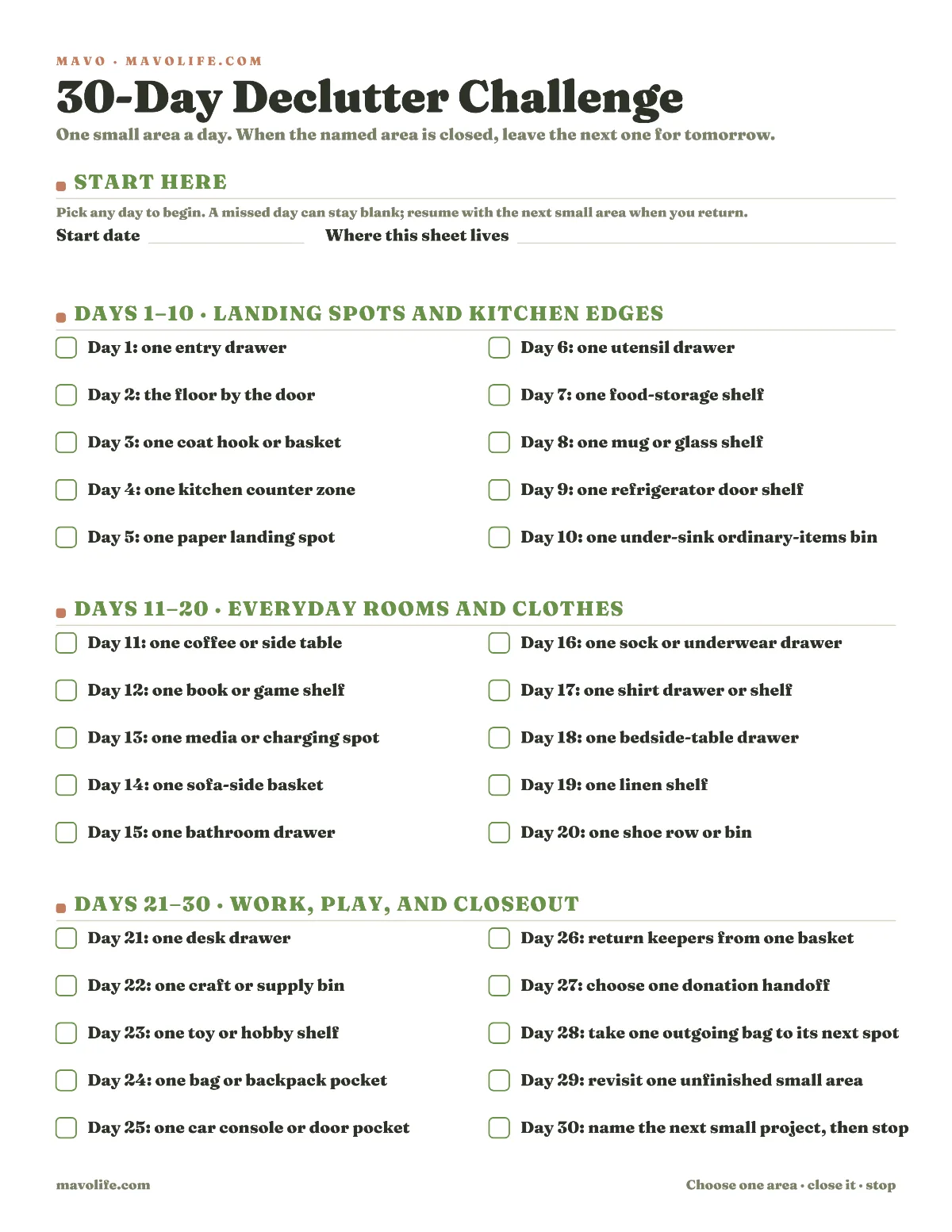 One-page 30-day declutter challenge checkoff sheet with four five-day sections and a final five-day closeout section