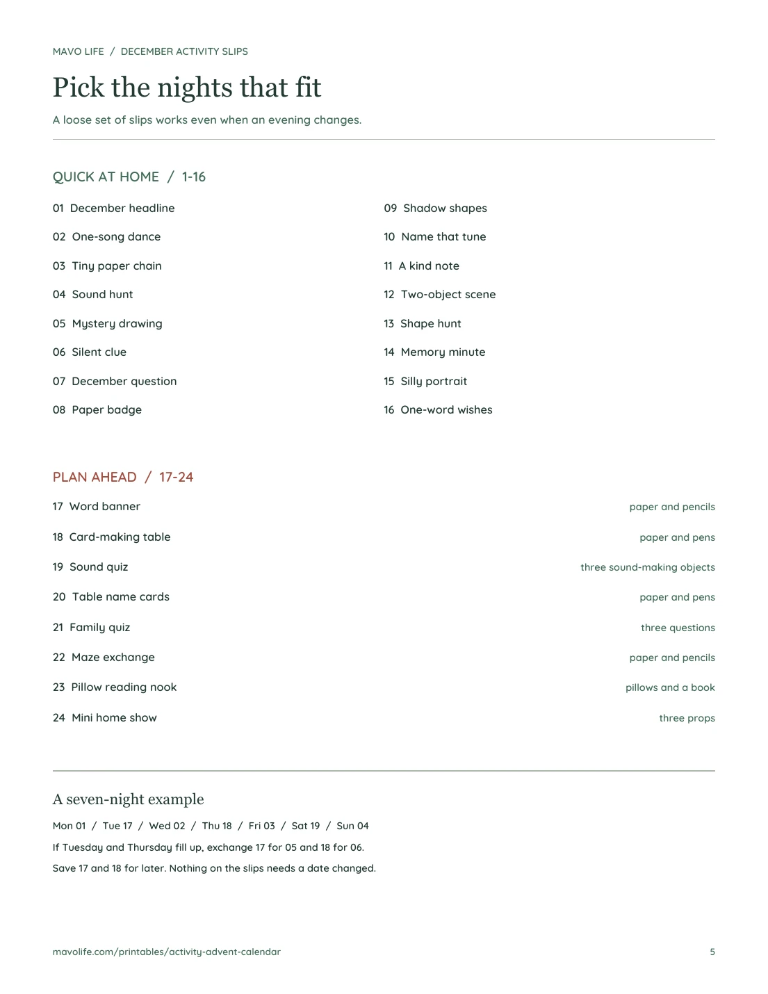 One-page chooser separating 16 quick activities from eight planned activities, with preparation notes and a seven-night swap example.