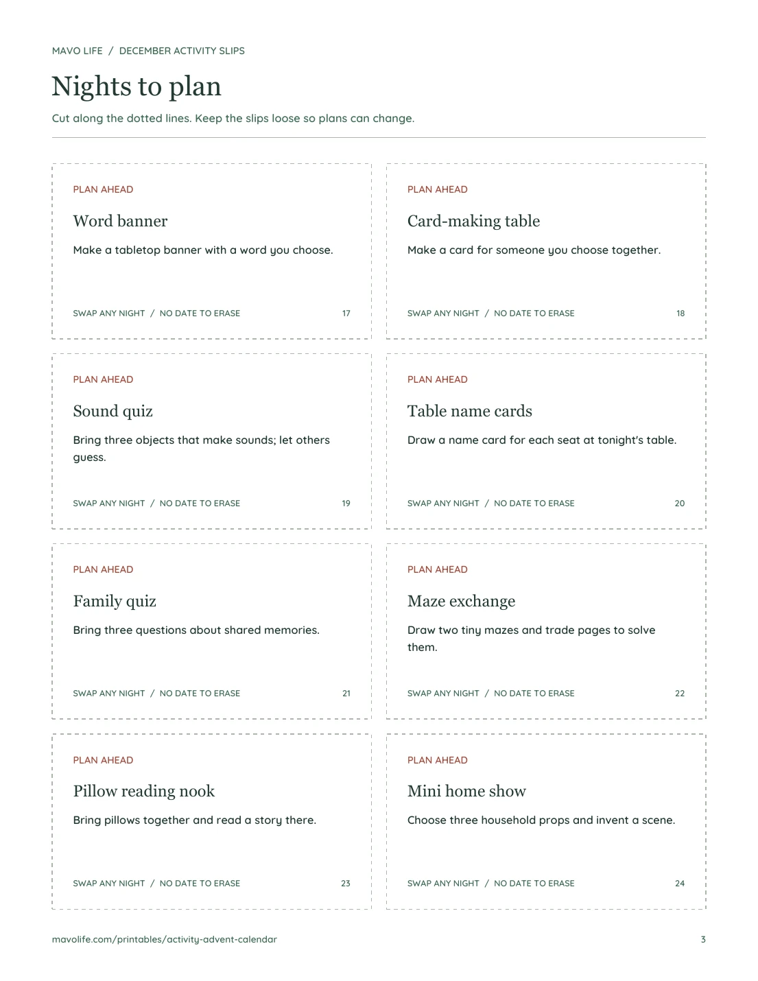 Eight dotted cut-apart slips headed Nights to plan, including Word banner, Sound quiz, and Maze exchange.