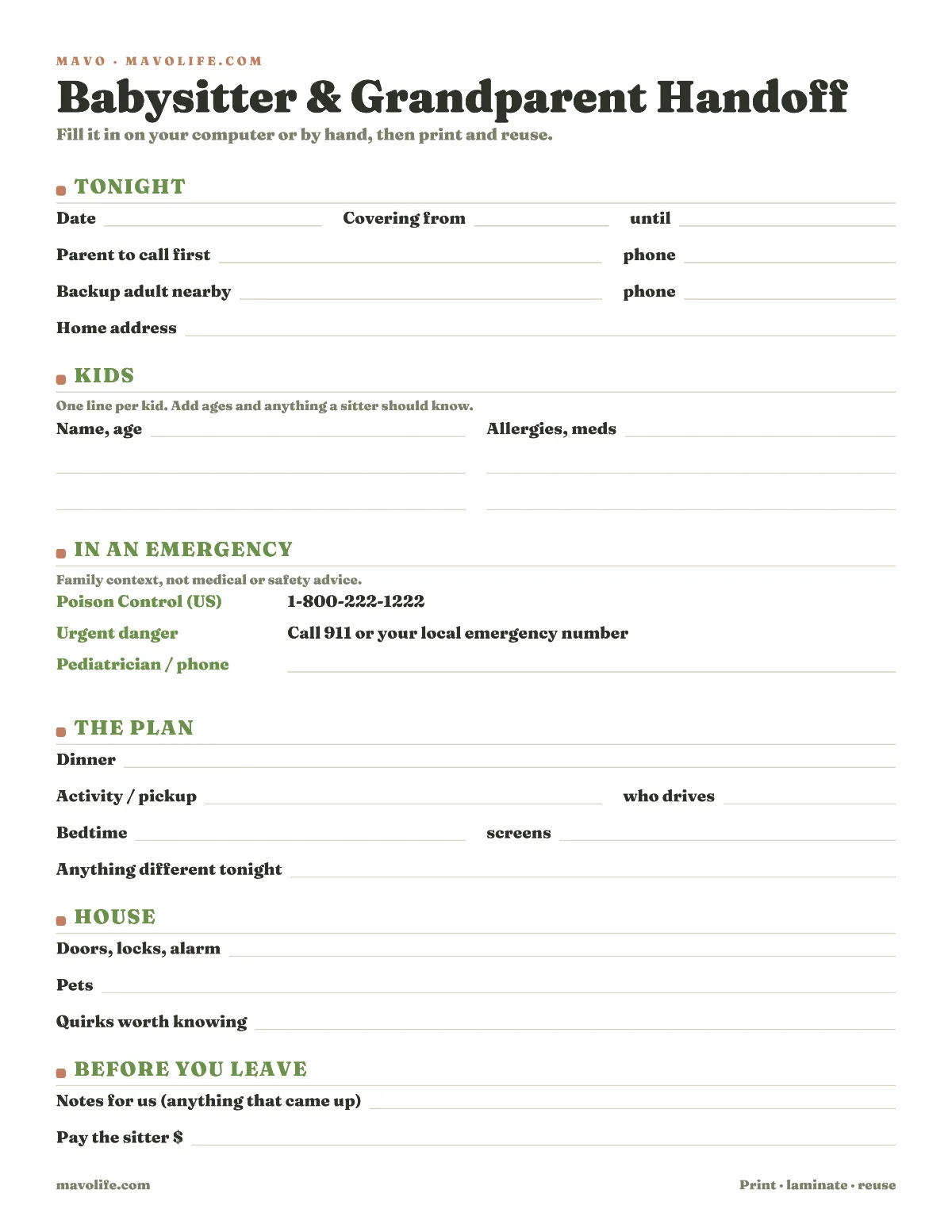 Preview of the Babysitter handoff sheet printable