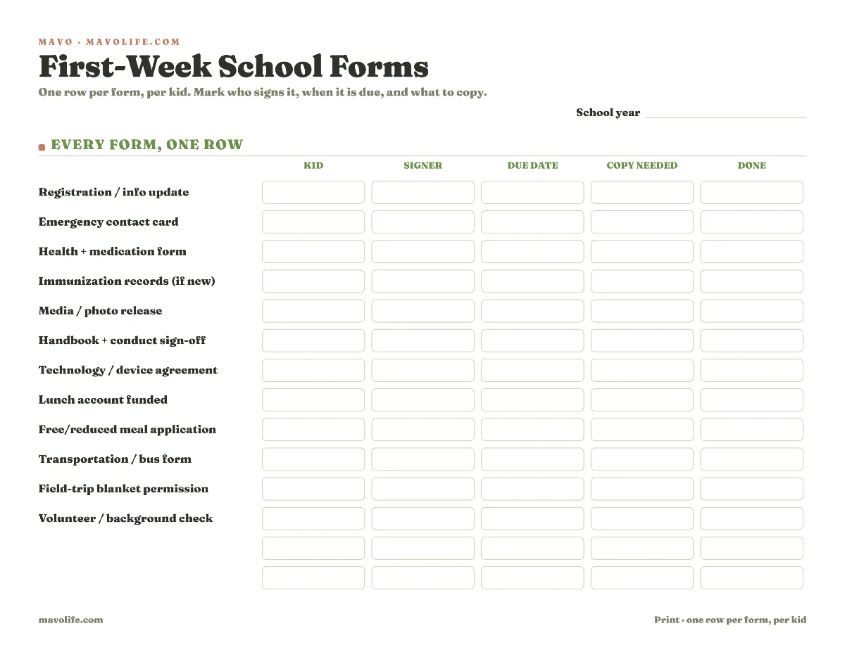 Preview of the First-week forms checklist printable