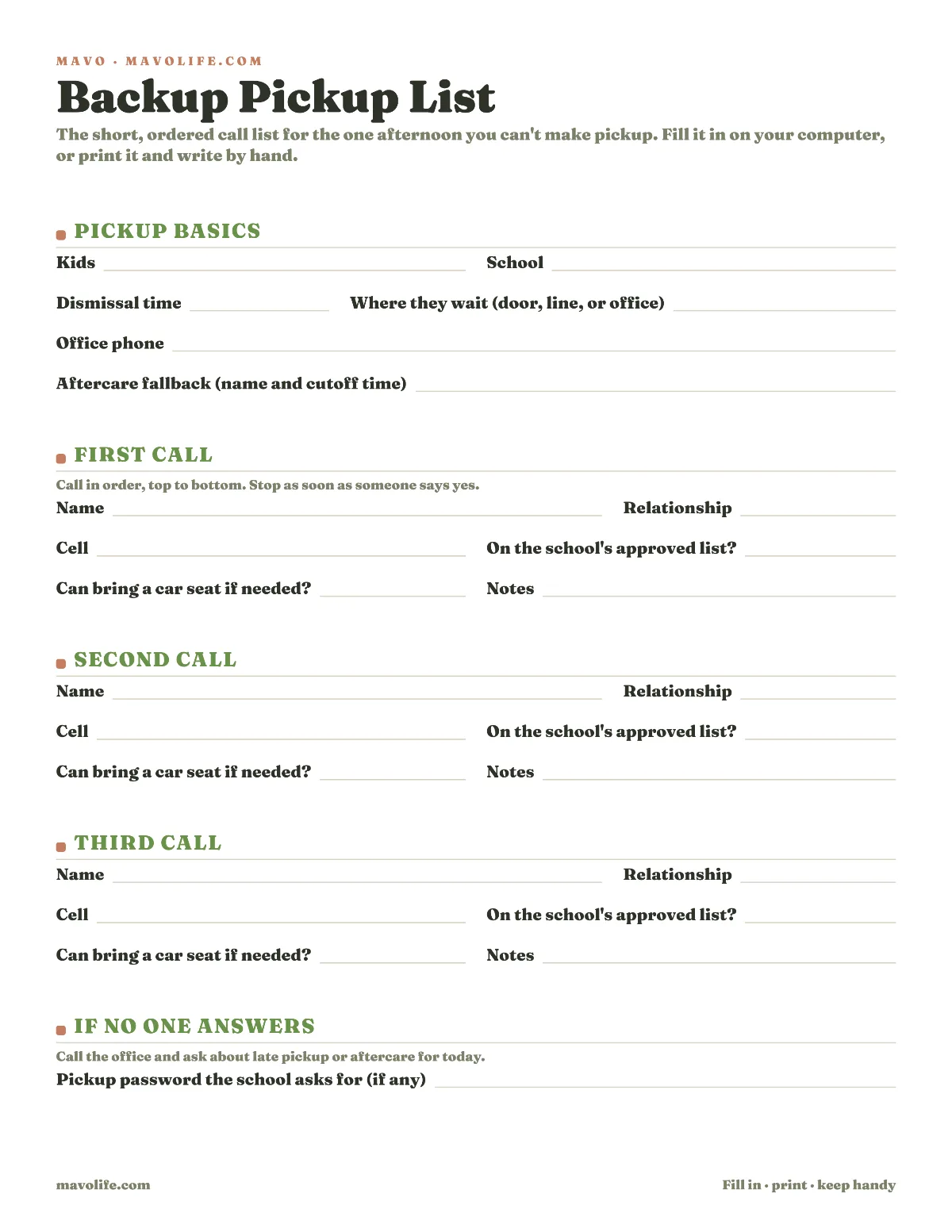 Preview of the Backup pickup call list printable