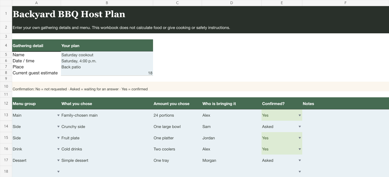 Filled example of an editable BBQ checklist with gathering details, menu choices, owners, and confirmation states