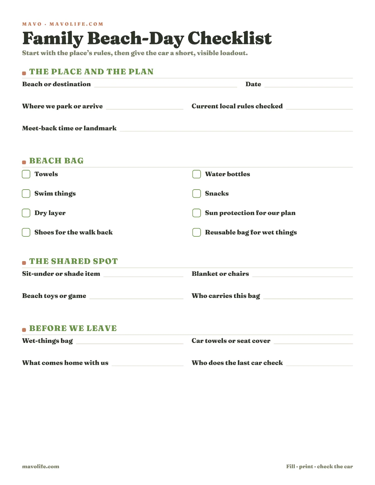 Preview of the Family beach-day checklist printable