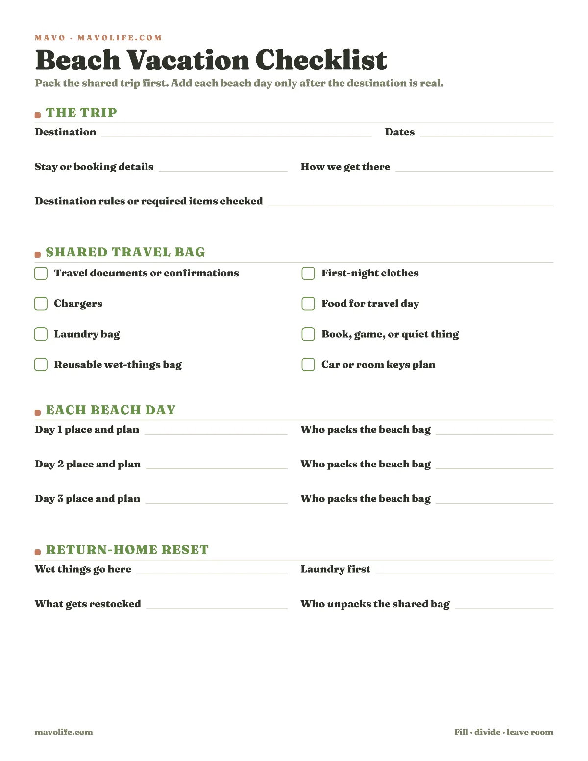 Preview of the Family beach vacation checklist printable