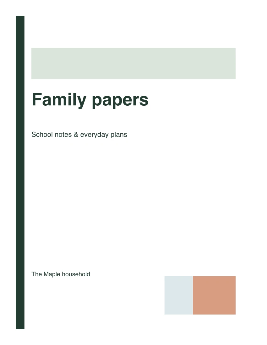 Actual Color blocks sample front cover with title, subtitle and household name.