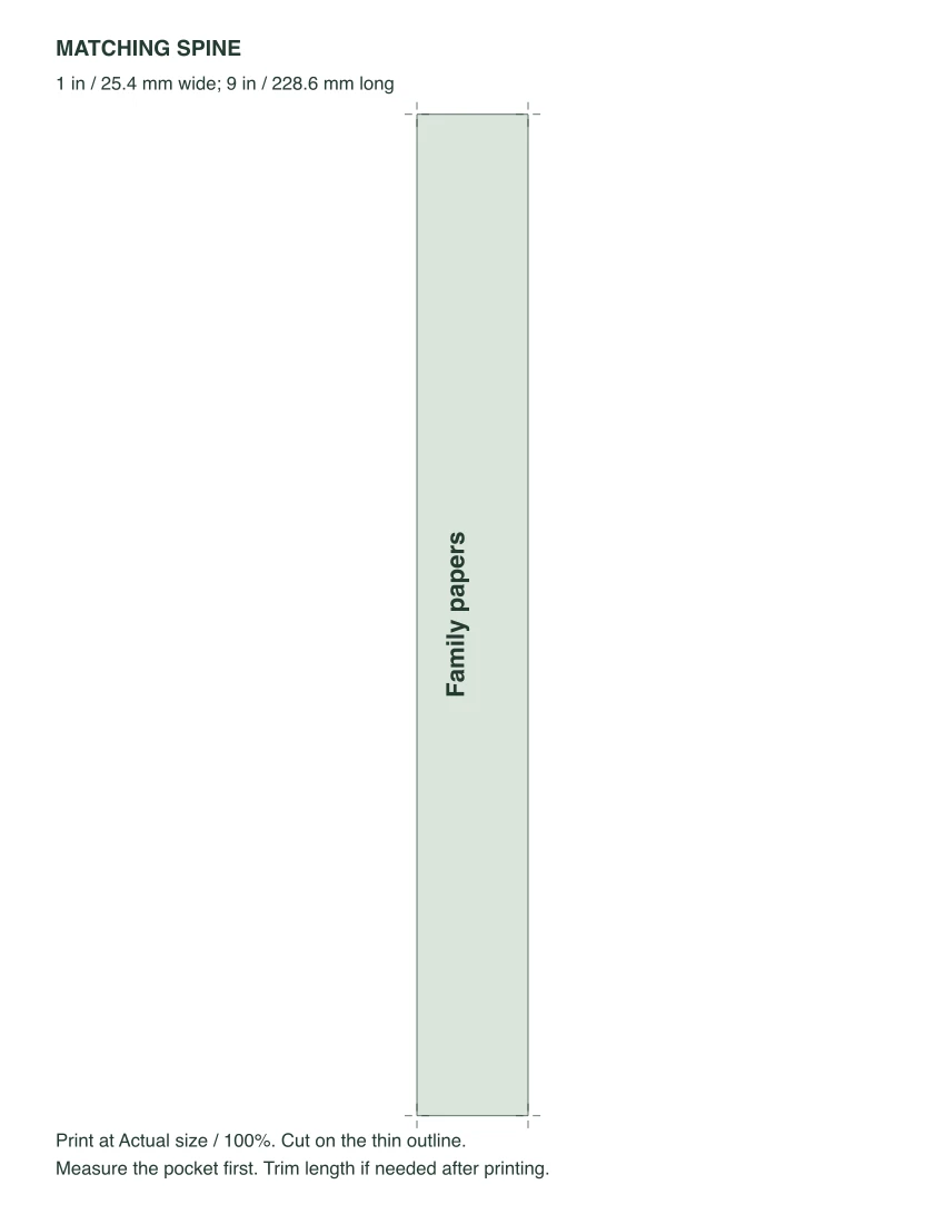 Actual Color blocks sample spine sheet with the same title, measurement and trim marks.