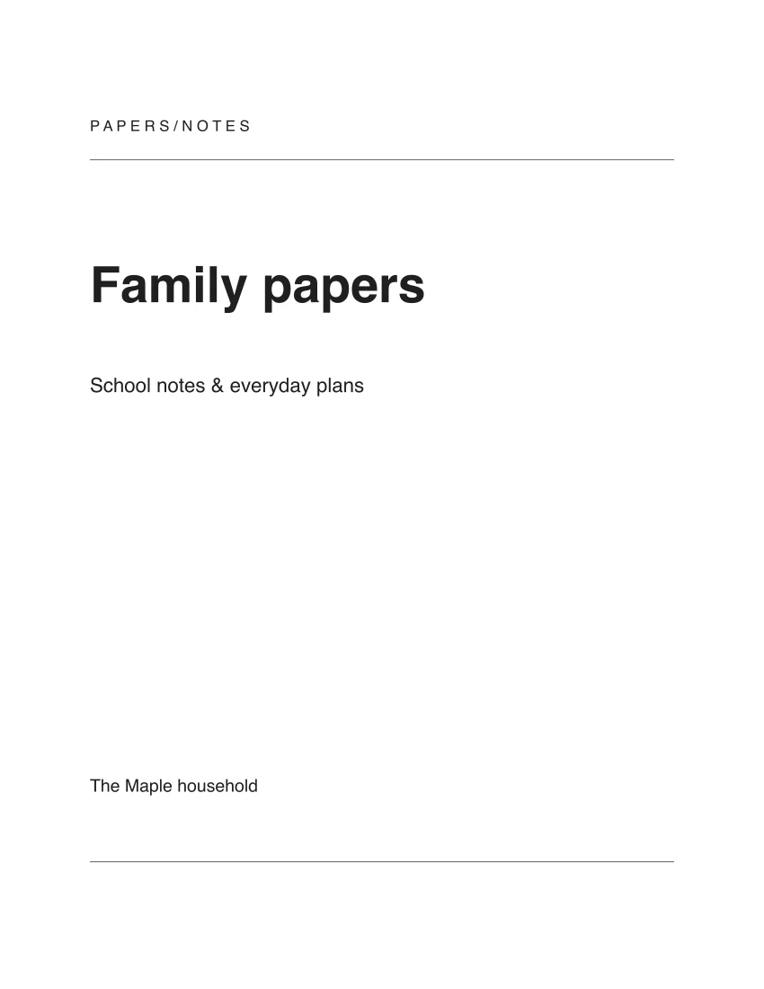 Actual Quiet type sample front cover with title, subtitle and household name.