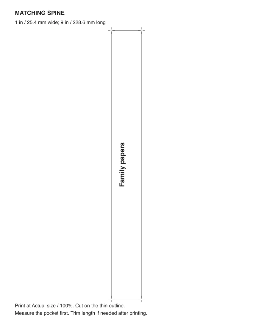 Actual Quiet type sample spine sheet with the same title, measurement and trim marks.