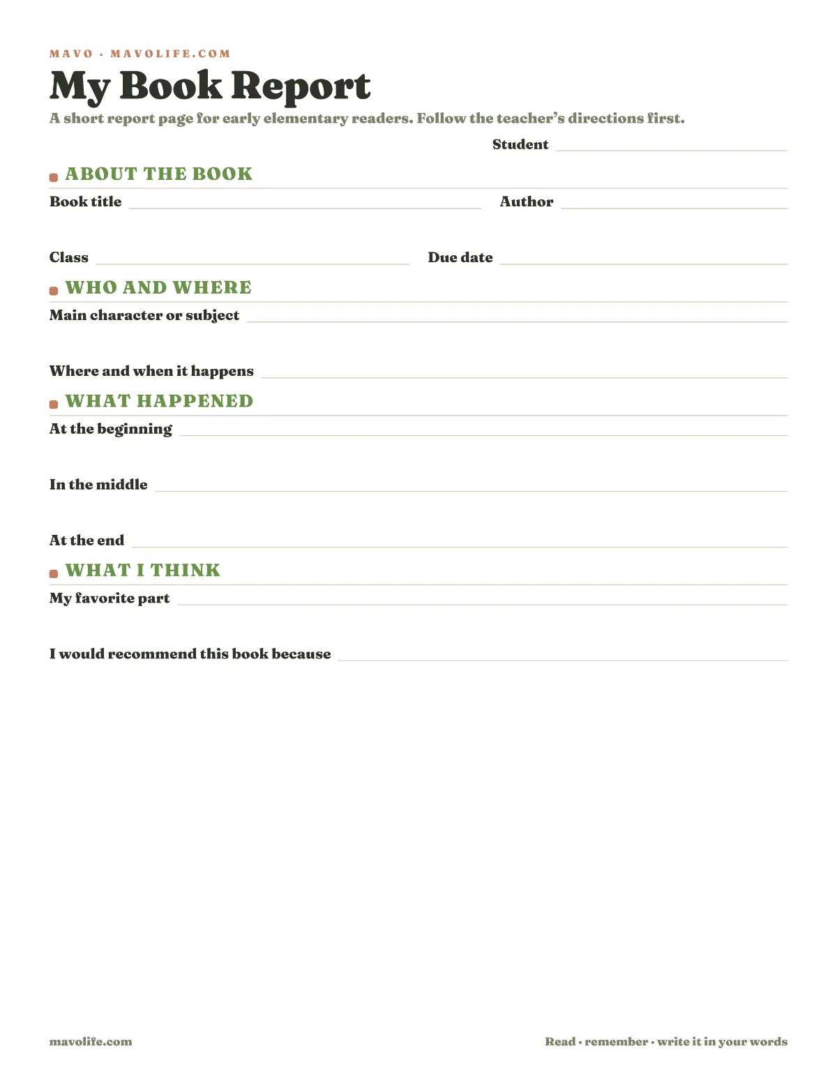 Fillable early elementary book report template with fields for the book, author, characters, setting, beginning, middle, ending, favorite part, and recommendation.