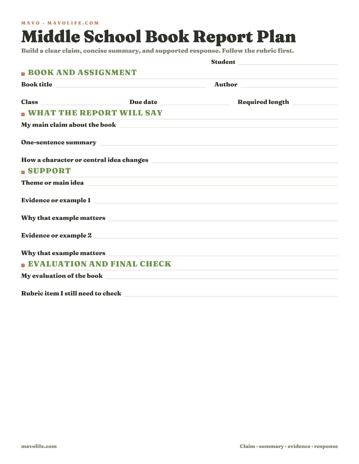 Fillable middle school book report planning template with fields for assignment details, claim, summary, character or idea change, theme, two pieces of evidence, evaluation, and final check.