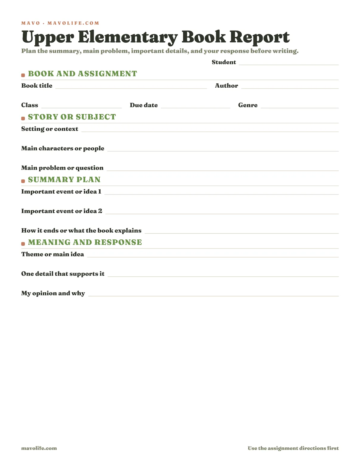Fillable upper elementary book report template with fields for title, author, class, due date, genre, setting, characters, problem, key events, solution, main idea, evidence, and recommendation.