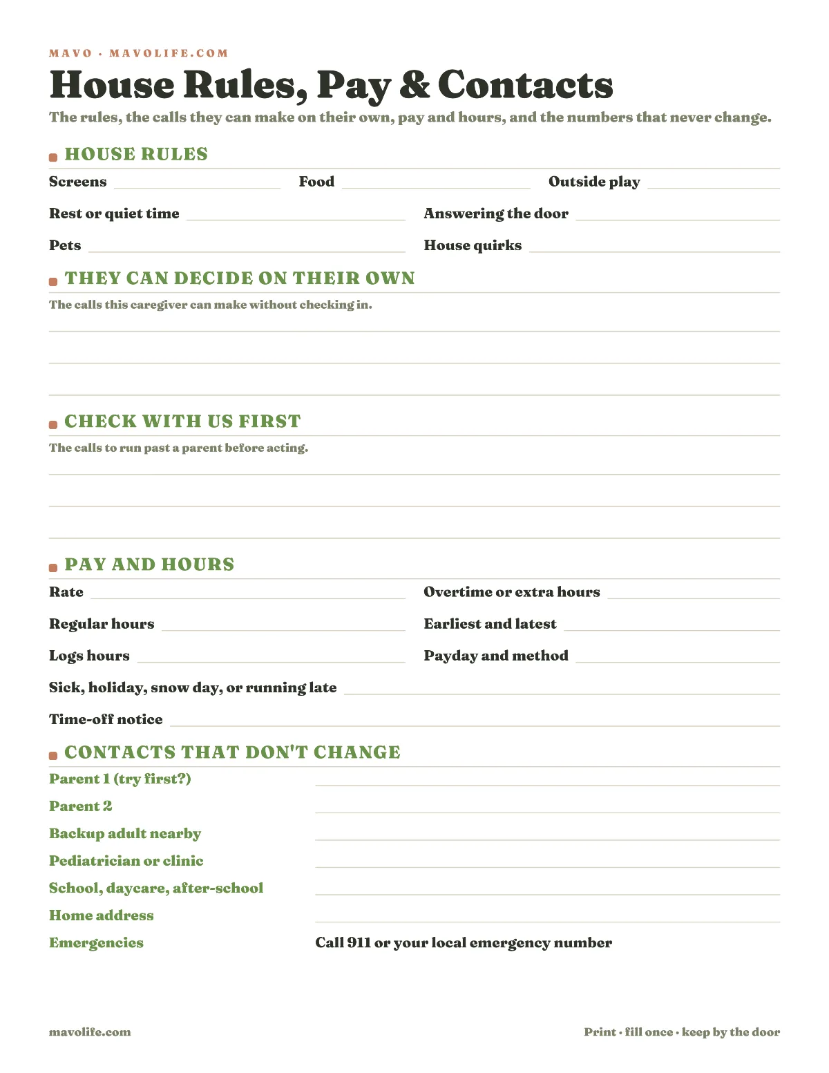 Preview of the House rules & pay sheet printable