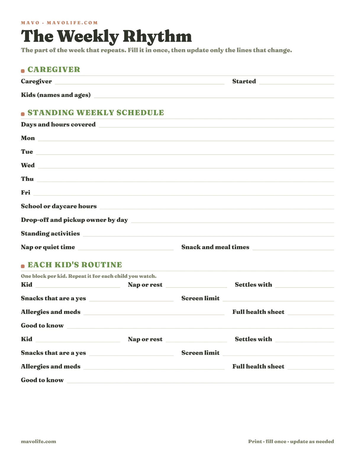 Preview of the Weekly rhythm sheet printable