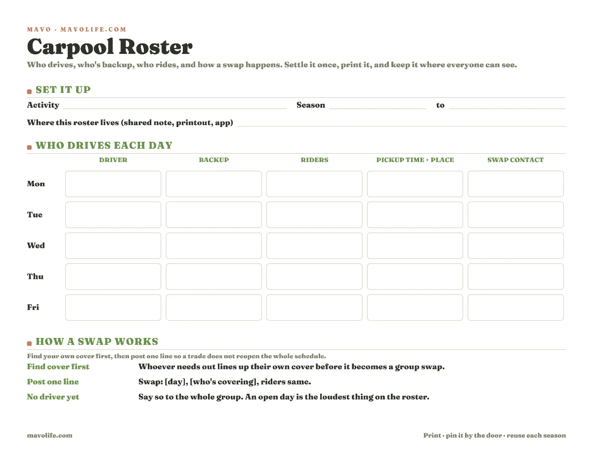 Preview of the Carpool roster printable