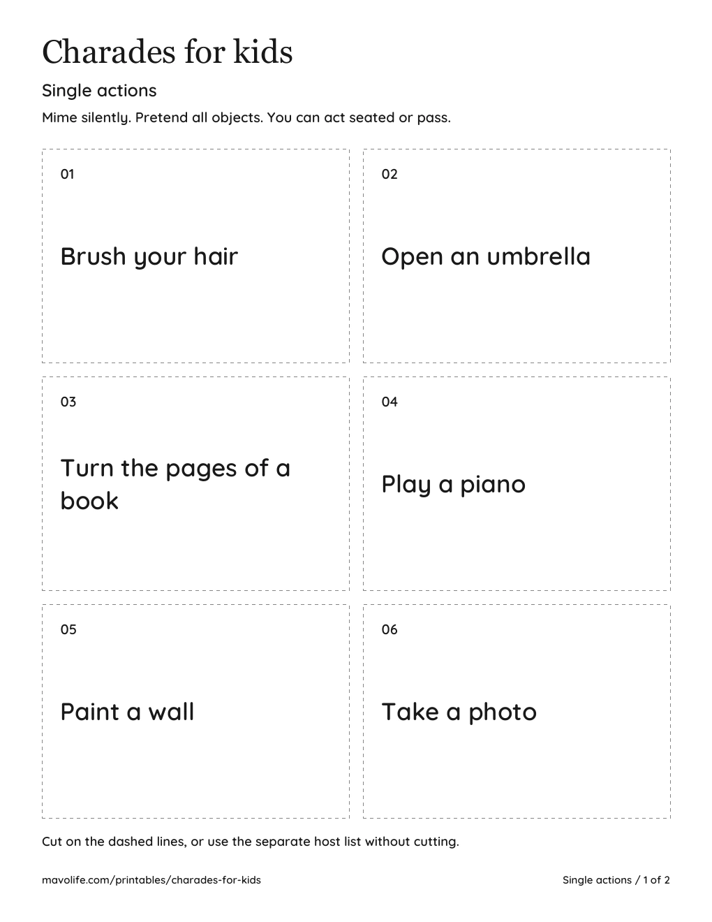 Six actual single-action cards, numbered 1 to 6, with large text and dashed cutting lines.