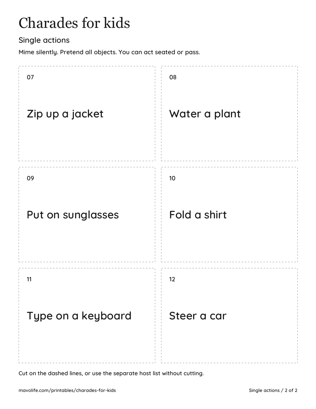 Actual cards 7 to 12: zip a jacket, water a plant, put on sunglasses, fold a shirt, type and steer.