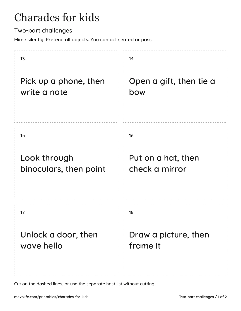 Actual two-part challenge cards 13 to 18, including opening a gift then tying a bow.