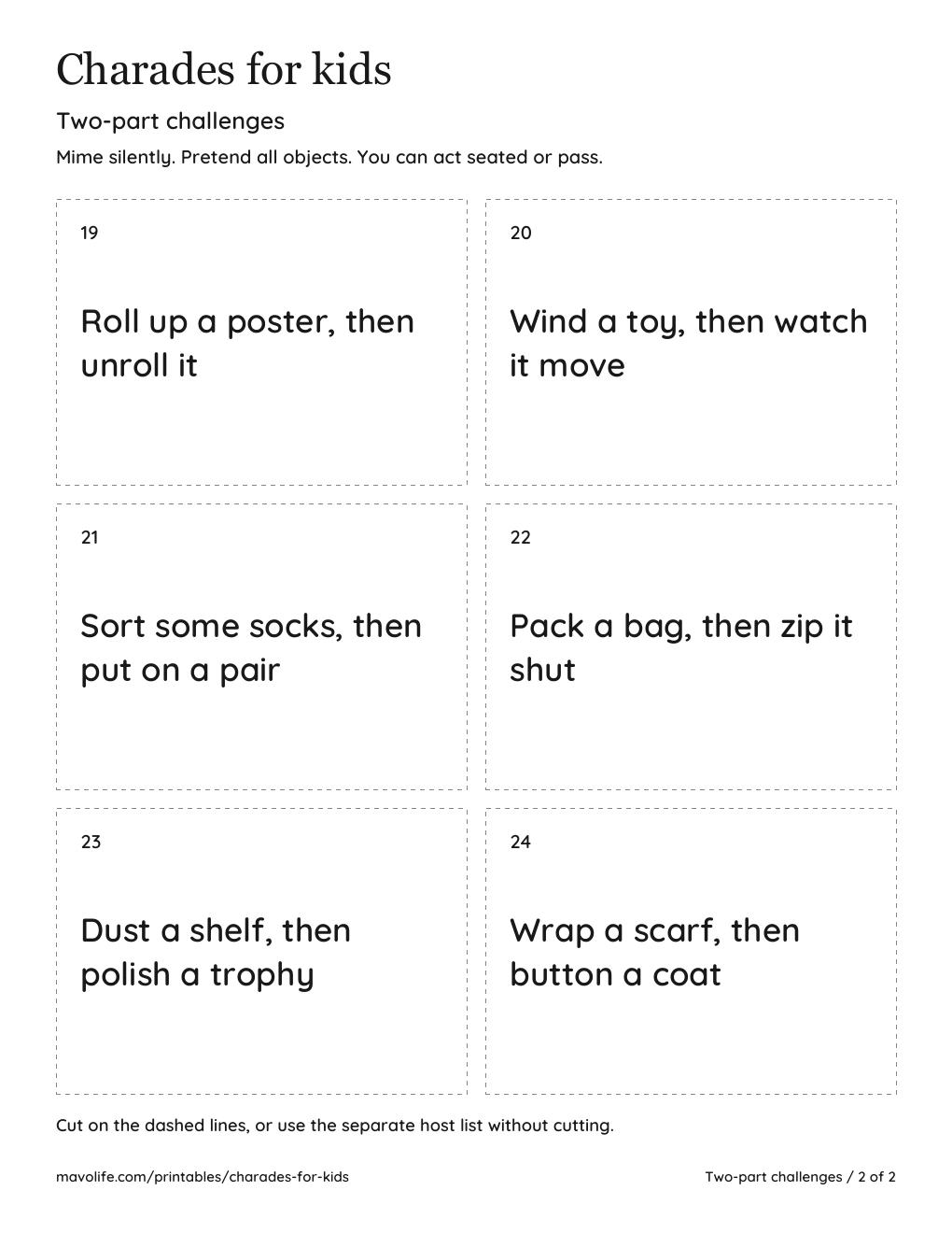 Actual two-part challenge cards 19 to 24, including packing a bag then zipping it shut.