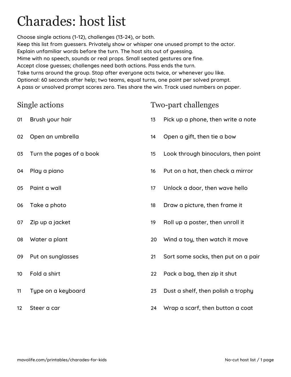 The actual one-page host list: short rules above two columns of numbered prompts, 1 to 24.