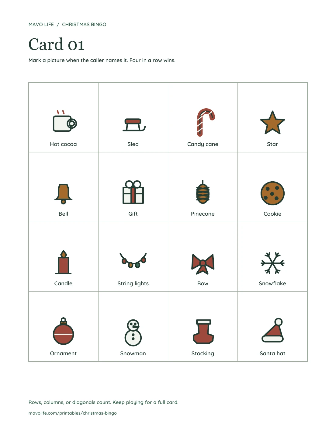 Card 01 with a four-by-four grid of labeled Christmas objects, including hot cocoa, a sled, a candy cane, and a star.