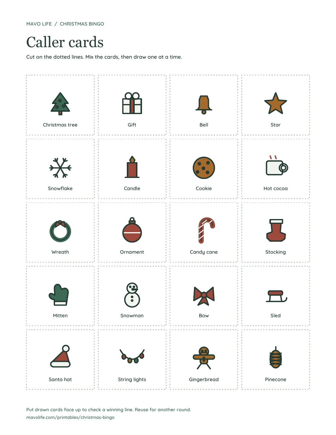Caller sheet with twenty picture-and-word cards, from Christmas tree through pinecone, arranged in five rows with dotted cut lines.