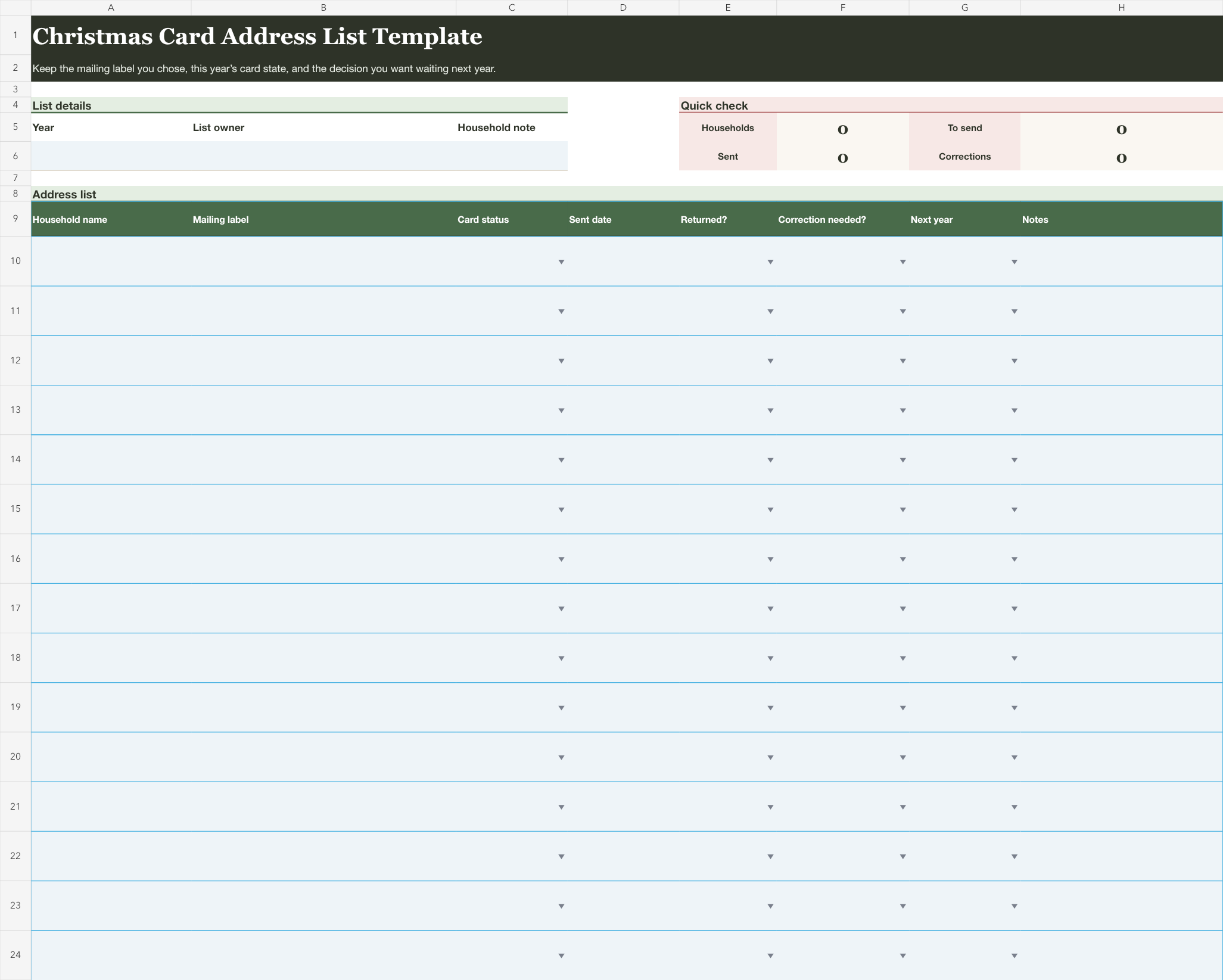 Blank Christmas card address list spreadsheet with household and mailing-label fields beside card status, sent date, returns, corrections, next-year decisions, and notes.