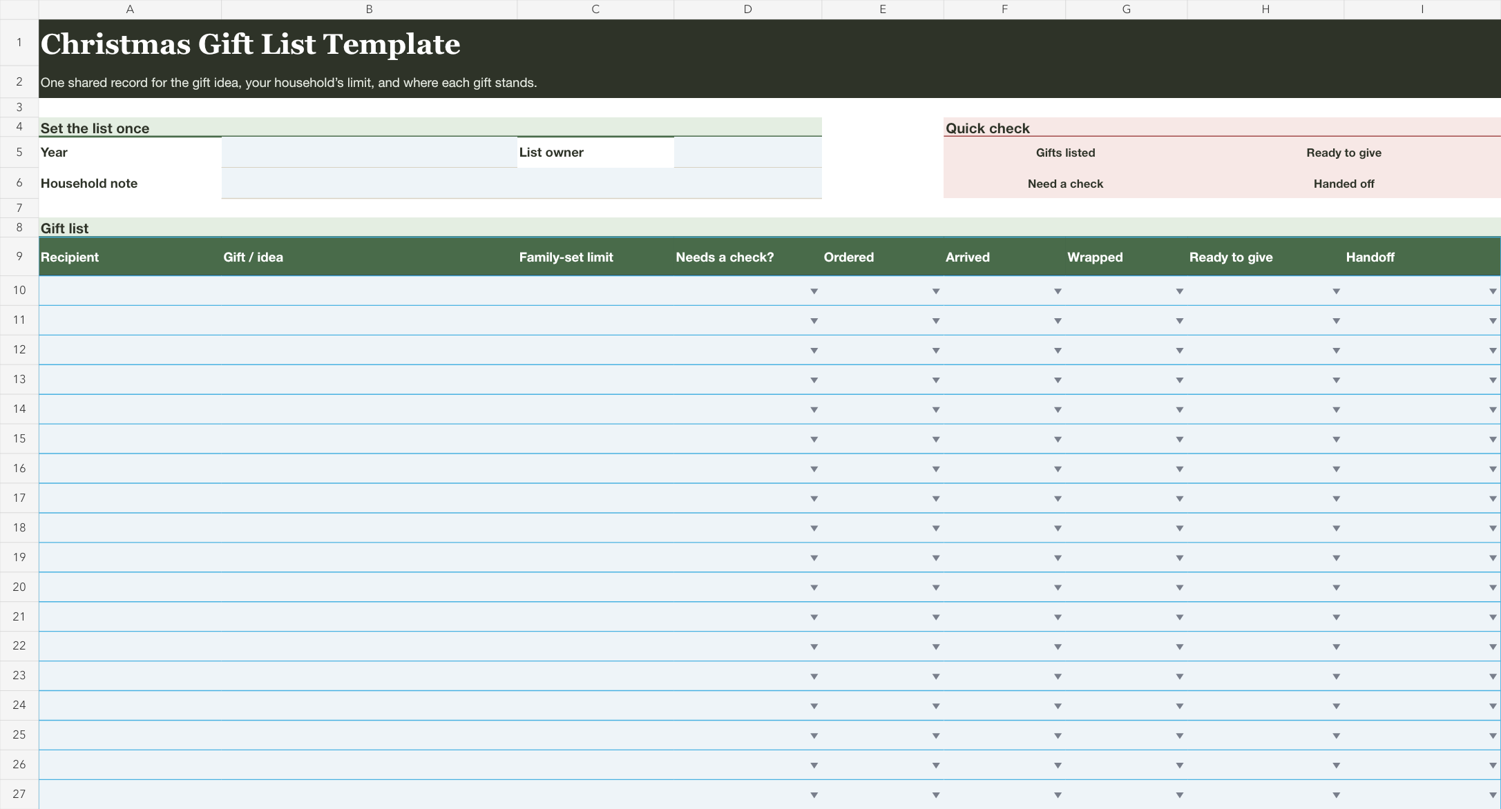 Christmas gift list template spreadsheet with recipient and gift columns plus progress fields and a handoff field.
