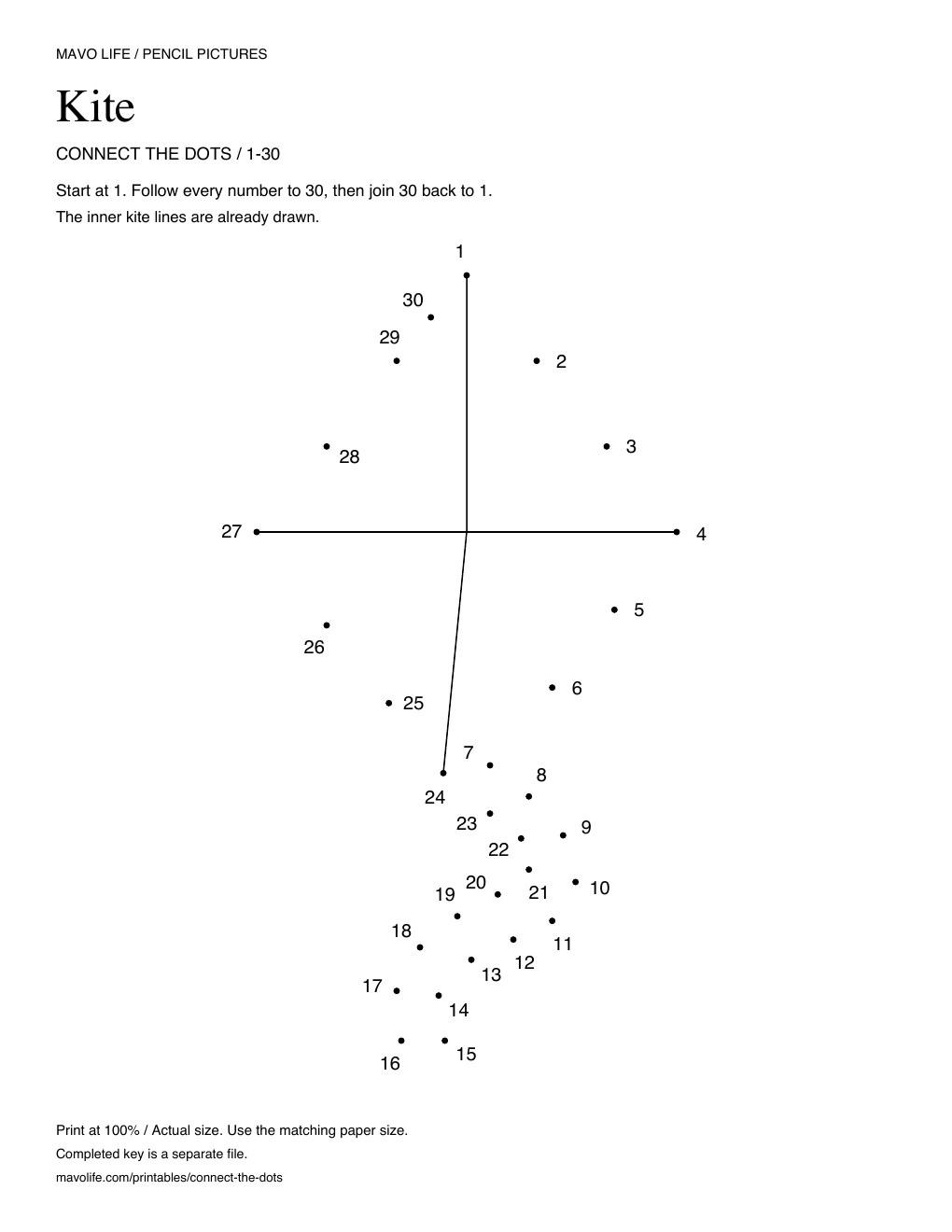 Kite puzzle with 30 distinct numbered dots and instructions to join the last dot back to 1.