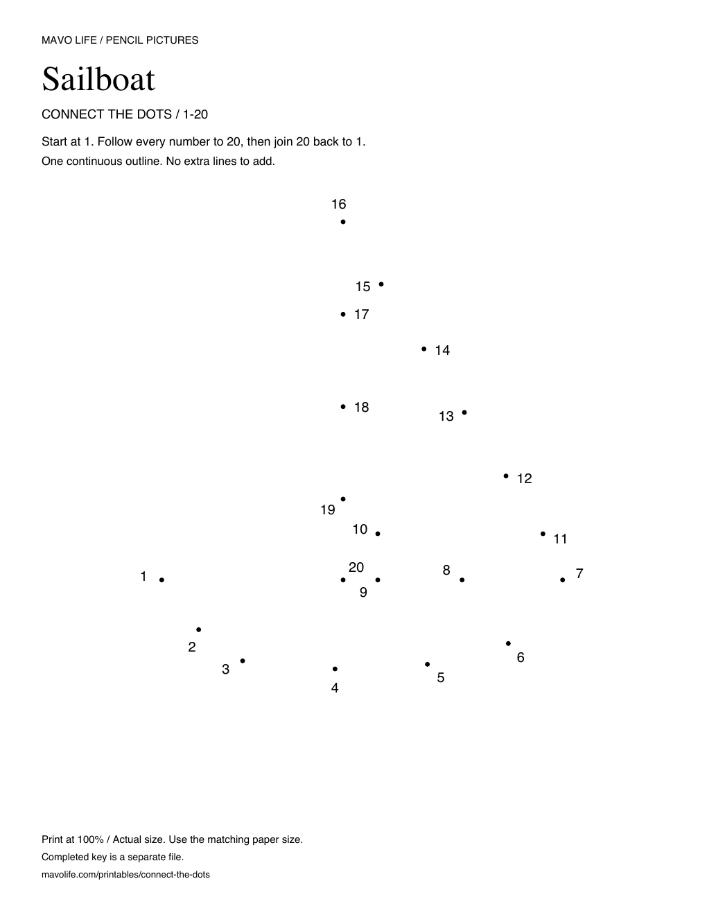 Sailboat puzzle with 20 distinct numbered dots and instructions to join the last dot back to 1.