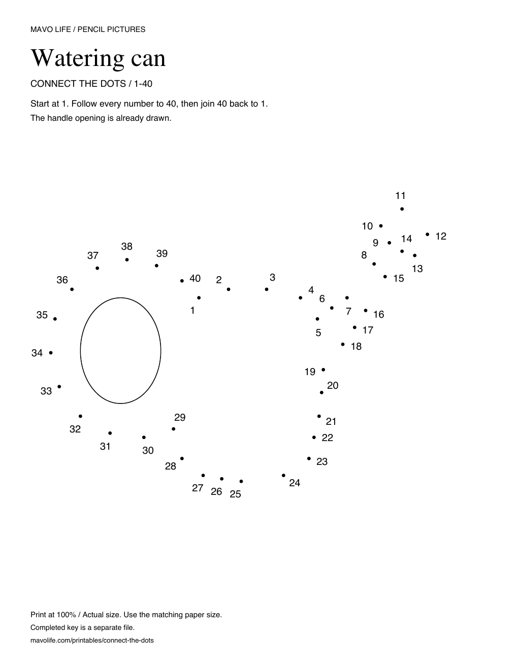 Watering can puzzle with 40 distinct numbered dots and instructions to join the last dot back to 1.
