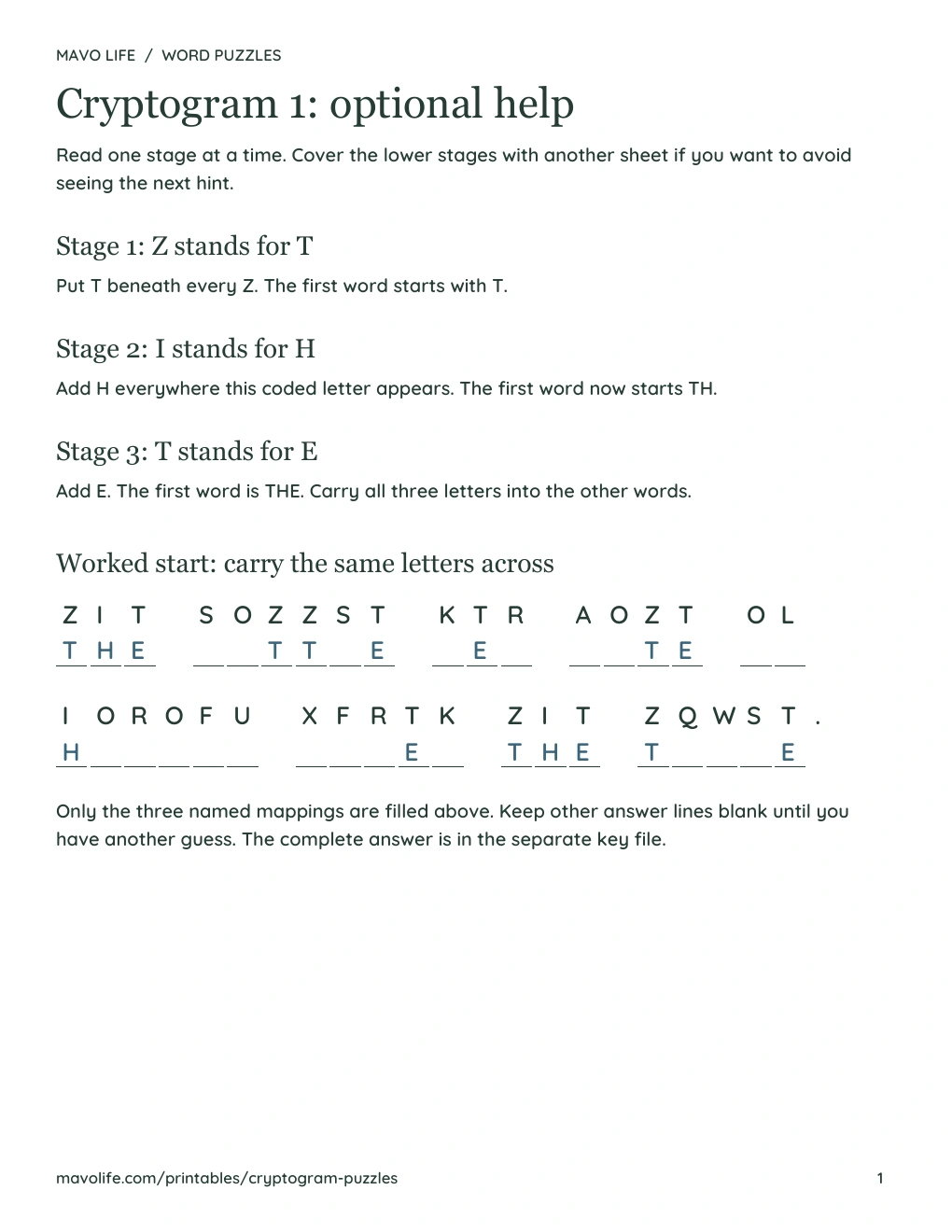 Actual help page for puzzle 1: three named mappings and the partial message with only those letters filled.