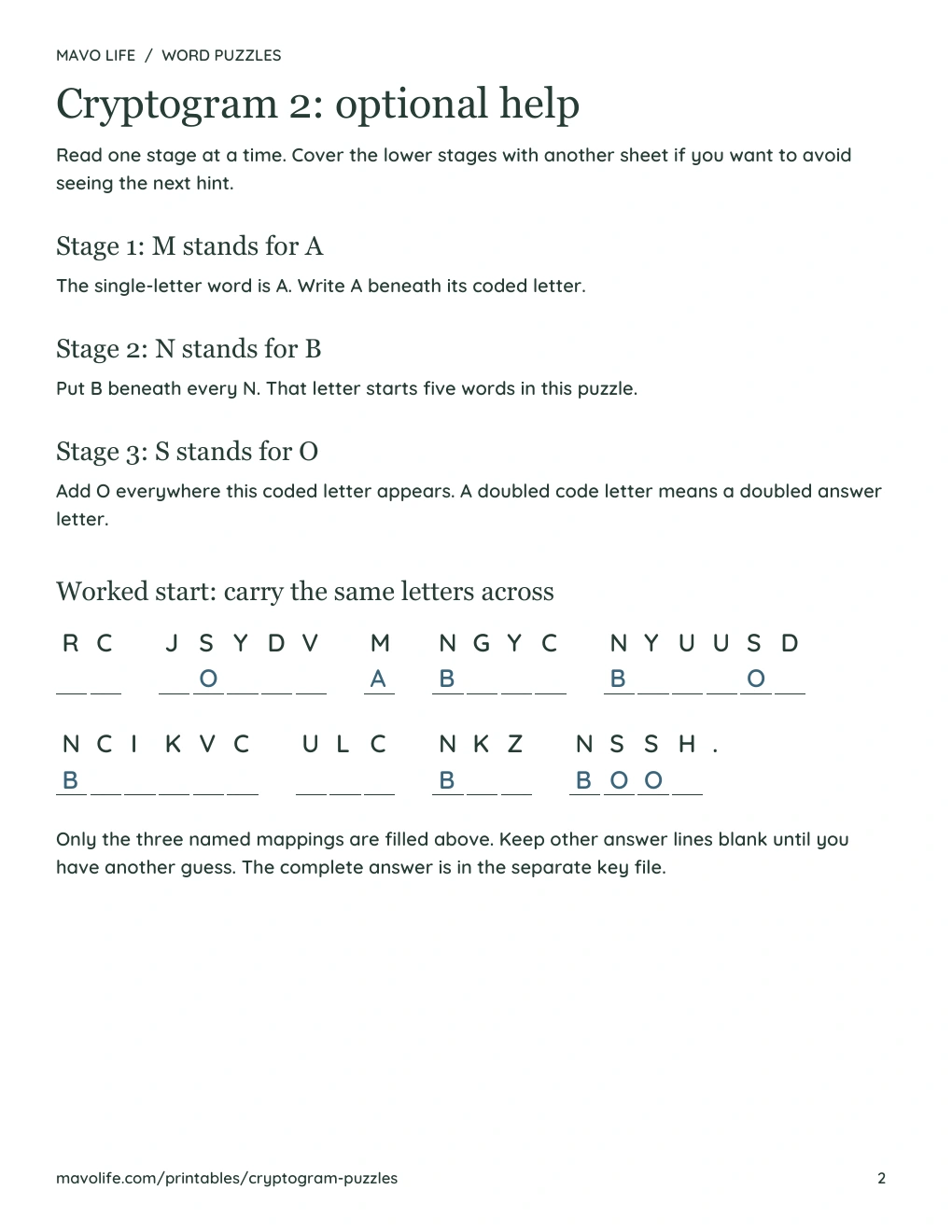 Actual help page for puzzle 2: three named mappings and the partial message with only those letters filled.