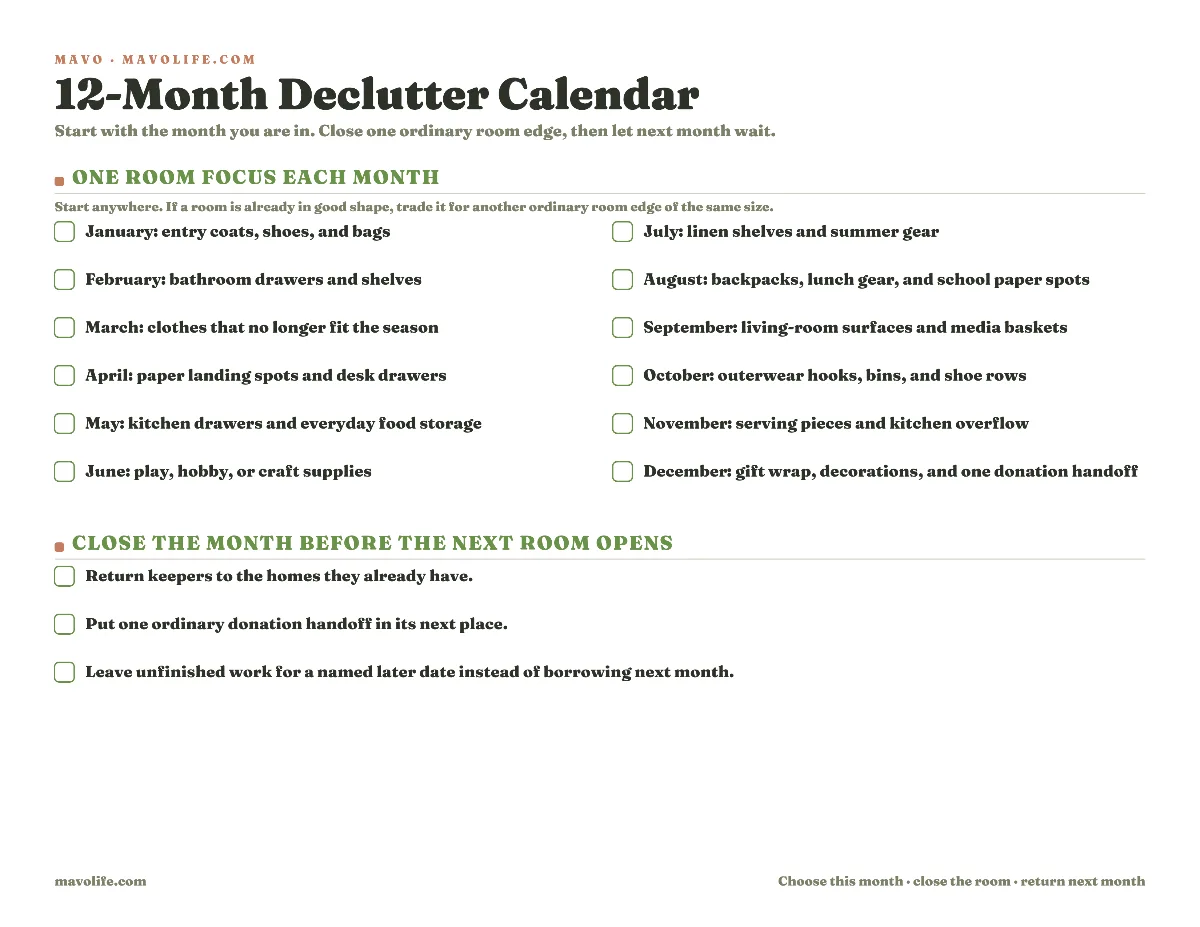 One-page 12-month declutter calendar with a different ordinary household room focus for each month and a short closeout reminder