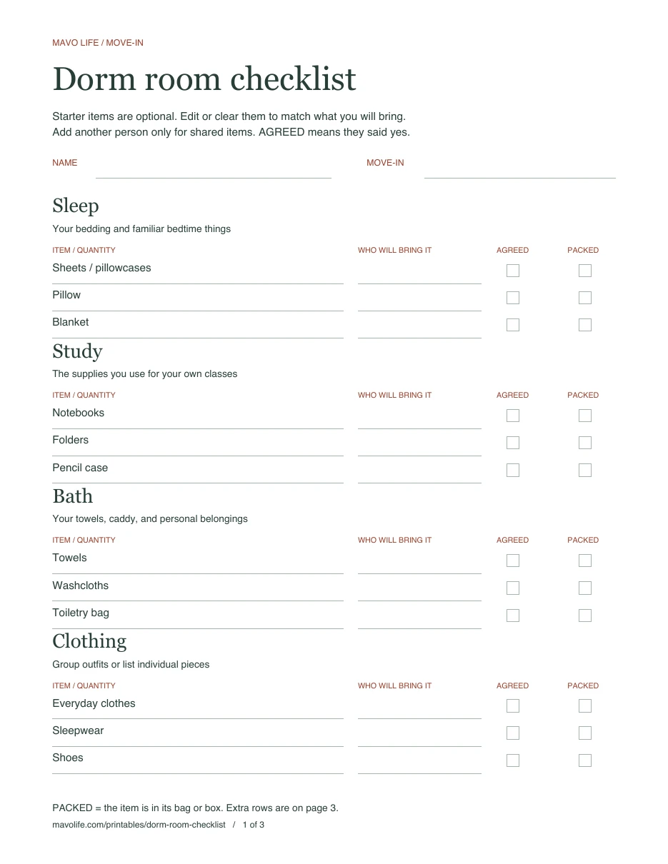 Preview of the Dorm room checklist printable printable