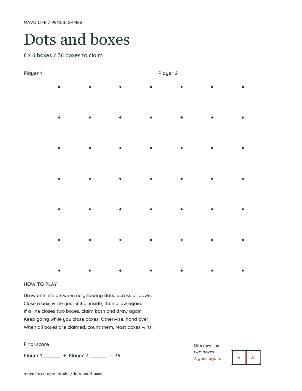 Blank 36-box game board with seven rows of seven dots, two name lines, rules, final score spaces, and a small double-box example.
