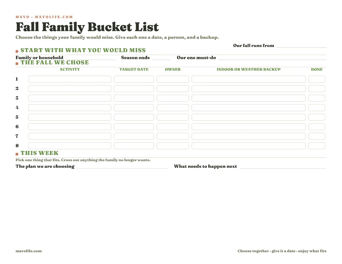 Fillable fall family bucket list plan showing the season window and must-do choice above eight rows with dates; owners; weather backups; and checkoffs.