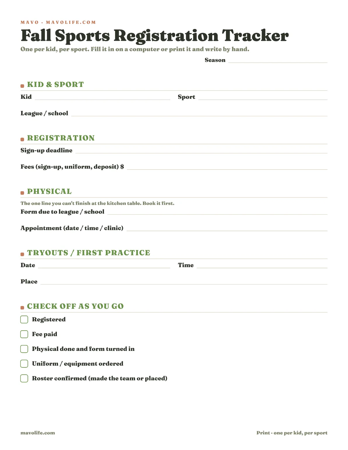 Preview of the Sports registration tracker printable