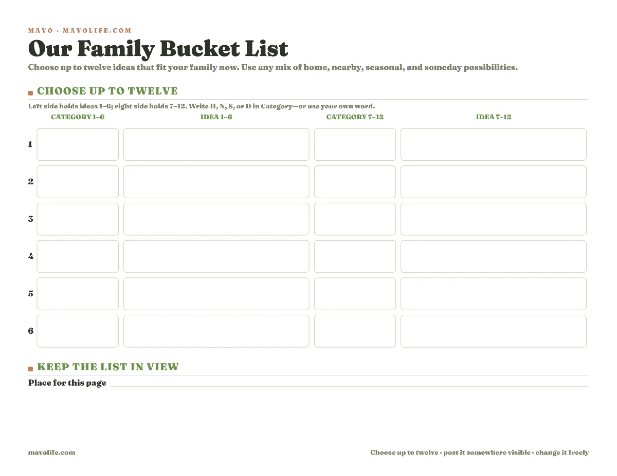 One-page fillable family bucket list with twelve numbered rows, each with a category and idea field, plus a line for where the page will live.