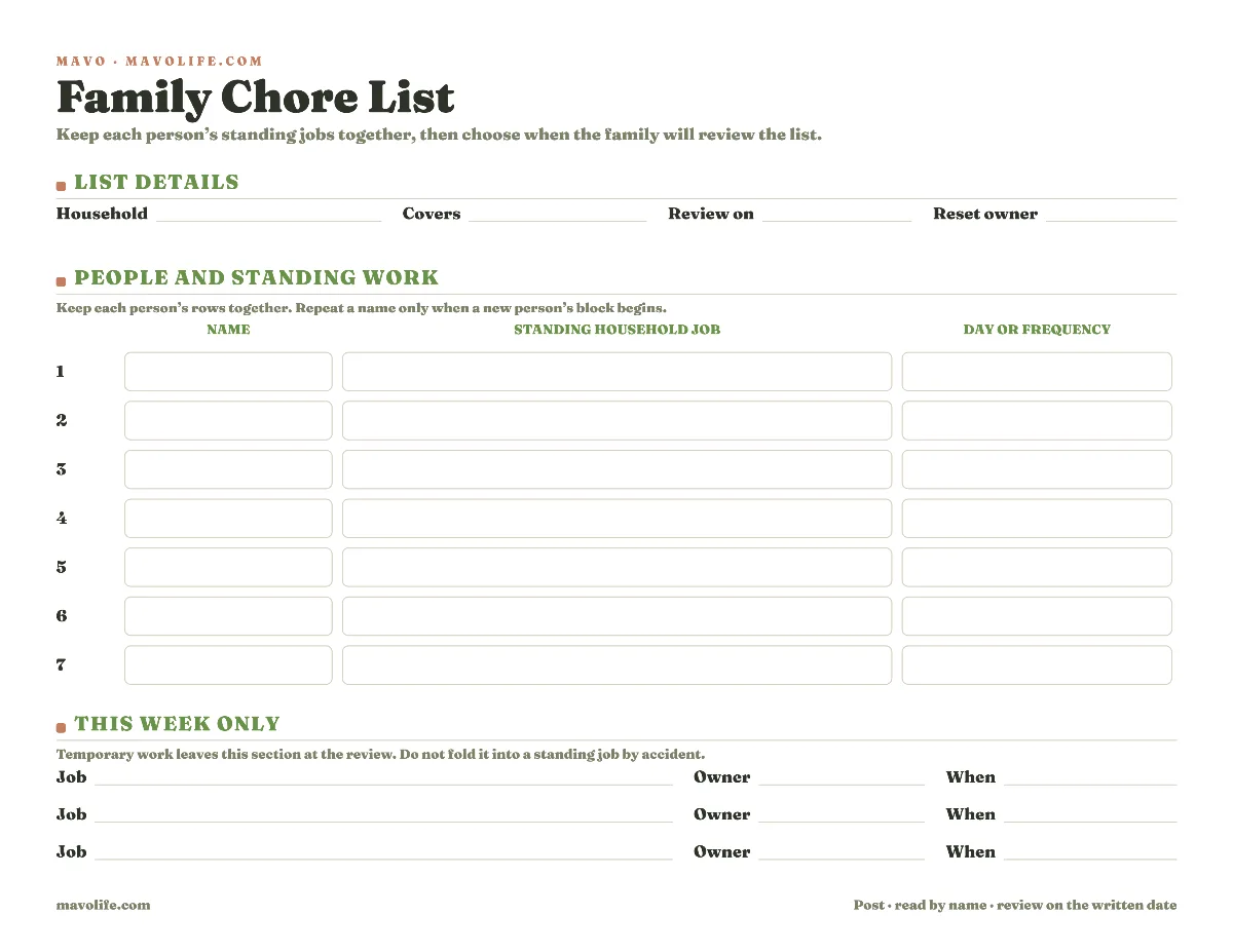 Fillable landscape family chore list with seven grouped rows for names and recurring household jobs with timing, plus review details and three temporary jobs for this week