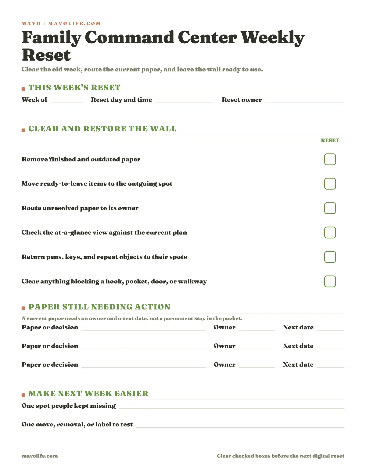 Fillable weekly family command center reset sheet showing its reset day and owner, reusable wall-area checkboxes, paper routing lines, and one improvement for next week.
