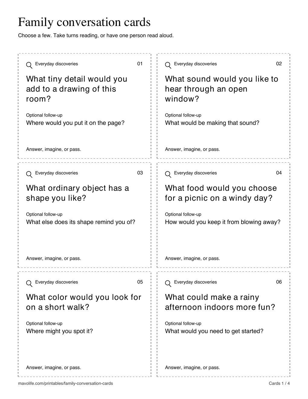 First six cut-apart cards, with the same questions and optional follow-ups shown below.